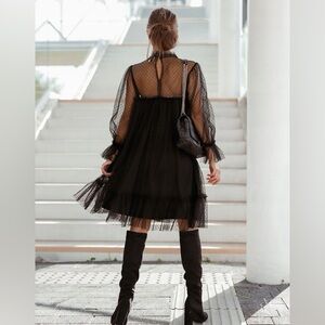 Secrets in Lace Black Sheer overlay mini dress with Ruffle Details